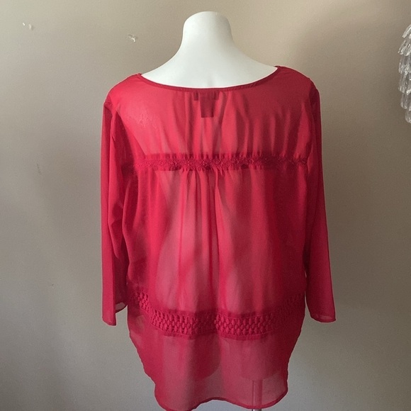 Donna Moore Red Sheer Scoop Neck Peasant Blouse With Lace Trim Plus Size - Picture 4 of 6